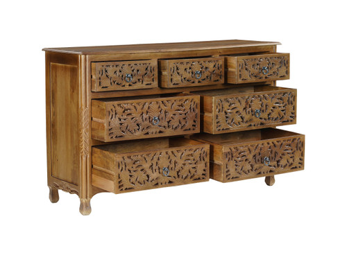 57" Brown Carved Floral Solid Wood Seven Drawer Dresser