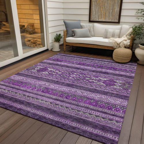 10' X 14' Purple Eggplant And Gray Southwestern Washable Indoor Outdoor Area Rug