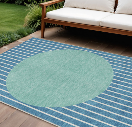 10' X 14' Teal Blue And Aqua Striped Washable Indoor Outdoor Area Rug