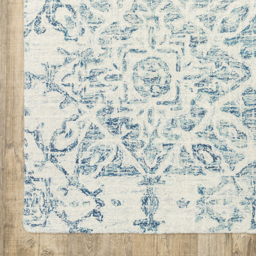 8' Blue And Ivory Wool Geometric Hand Tufted Runner Rug