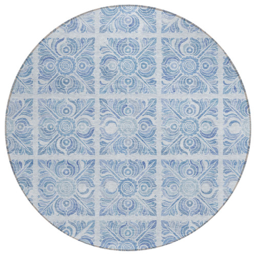 8' Sky Blue And Denim Blue Round Medallion Washable Indoor Outdoor Area Rug