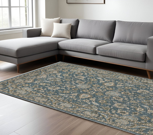 10' X 13' Blue And Beige Oriental Area Rug With Fringe