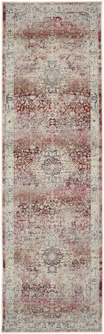 8' Ivory Red And Brown Floral Distressed Runner Rug