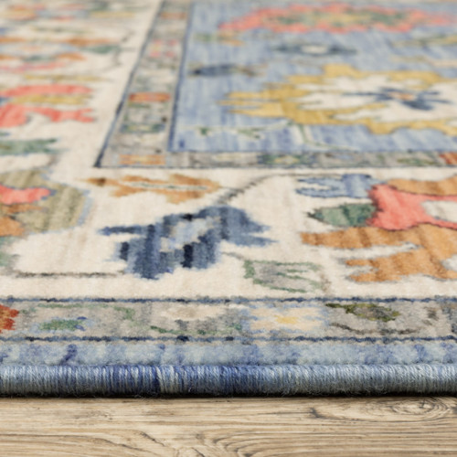 10' X 13' Blue Ivory And Yellow Oriental Area Rug With Fringe