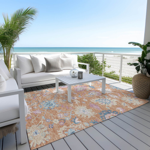 10' X 14' Orange Pink And Denim Blue Floral Washable Indoor Outdoor Area Rug