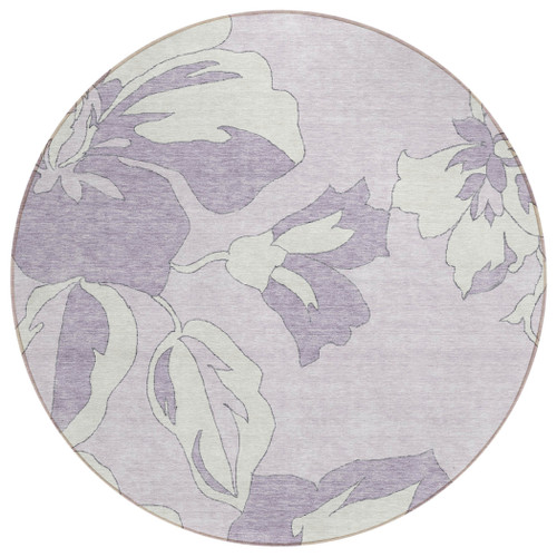 8' Lavender Lilac And Ivory Round Floral Washable Indoor Outdoor Area Rug