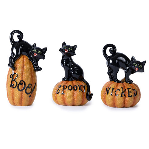 Set of Three Polyresin Halloween Cat Figurines