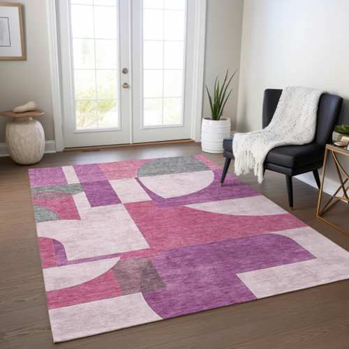 10' X 14' Blush And Mauve Geometric Washable Indoor Outdoor Area Rug