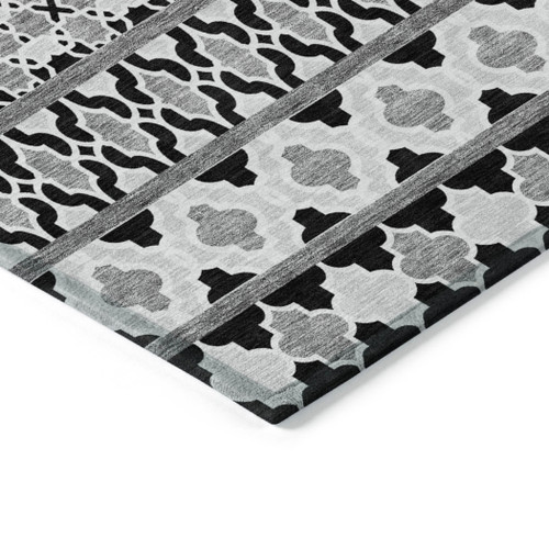 9' X 12' Black Gray And Ivory Quatrefoil Washable Indoor Outdoor Area Rug