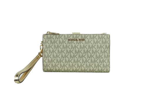 Michael Kors Jet Set Travel Pale Gold PVC Leather Double Zip Wrist Wallet