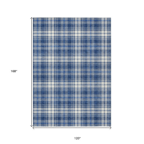 10' X 14' Navy Blue And Ivory Plaid Washable Indoor Outdoor Area Rug