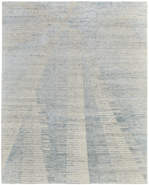 8' X 10' Ivory and Blue Abstract Hand Knotted Worn Faded Area Rug