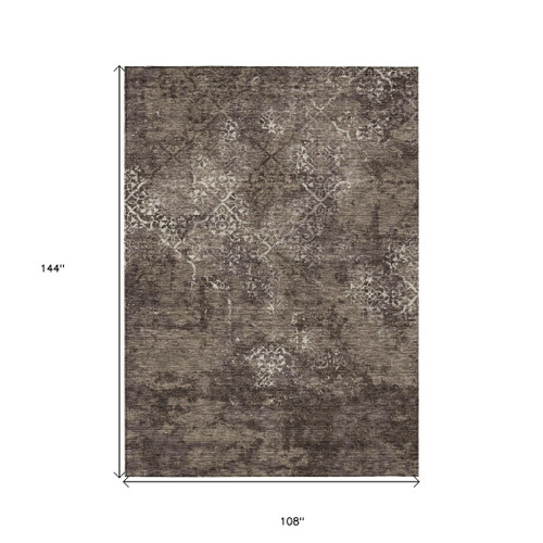 9' X 12' Brown And Ivory Floral Washable Indoor Outdoor Area Rug