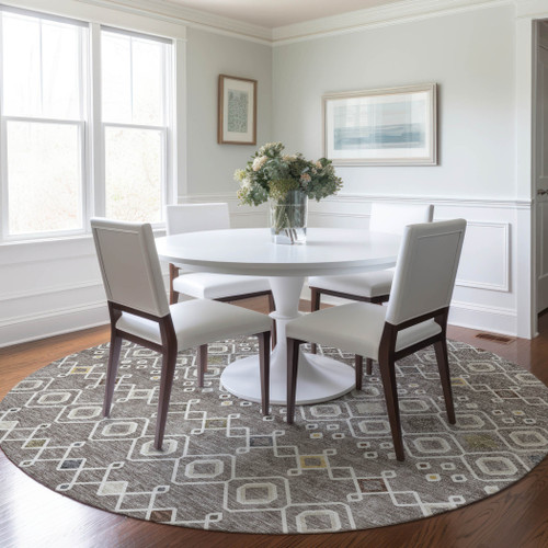 8' Taupe Gray And Gold Round Geometric Washable Indoor Outdoor Area Rug