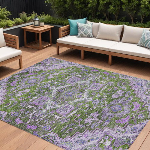 8' X 10' Olive Green And Purple Oriental Washable Indoor Outdoor Area Rug