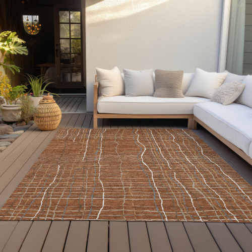 8' X 10' Brown Copper And Gray Striped Washable Indoor Outdoor Area Rug