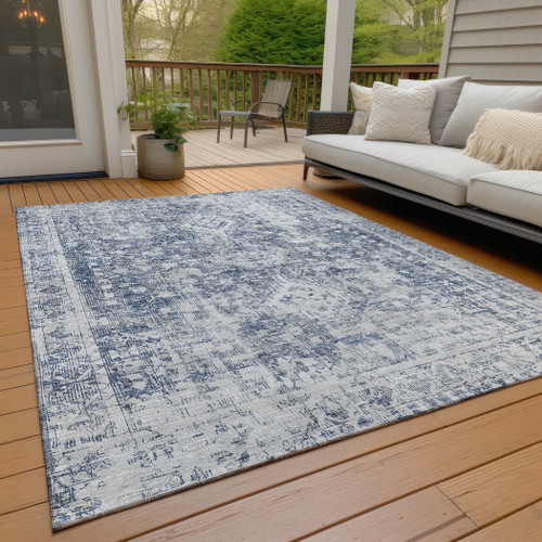 8' X 10' Navy Blue Oriental Washable Indoor Outdoor Area Rug