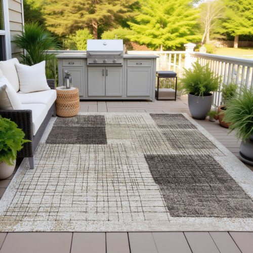 9' X 12' Brown And Taupe Geometric Washable Indoor Outdoor Area Rug