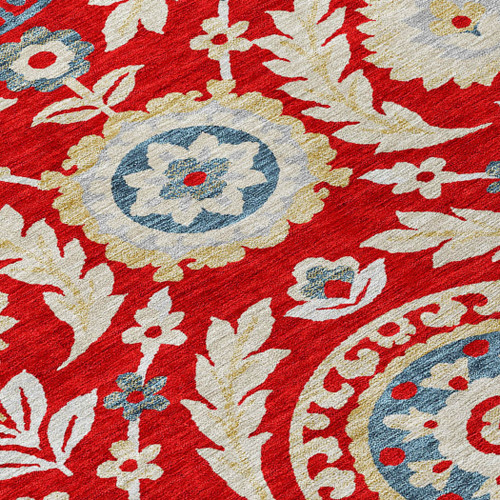 10' X 14' Red Beige And Navy Blue Floral Washable Indoor Outdoor Area Rug