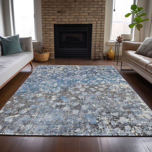10' X 14' Blue And Gray Abstract Washable Indoor Outdoor Area Rug