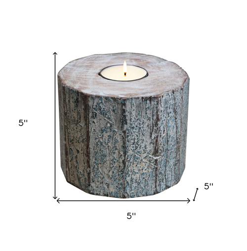 5" Brown And White Solid Wood Tabletop Tealight Candle Holder