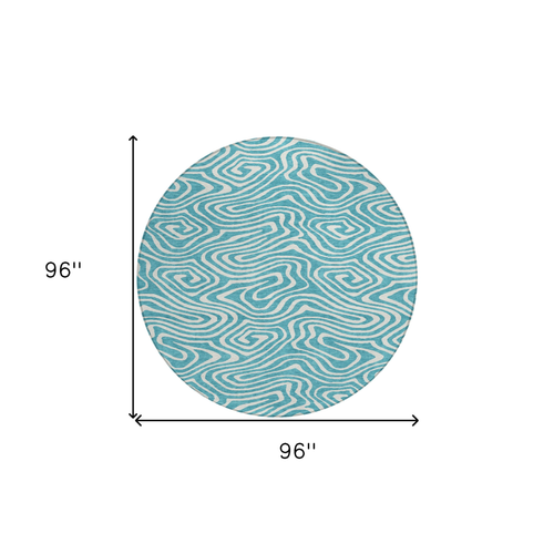 8' Teal Blue And Ivory Round Abstract Washable Indoor Outdoor Area Rug