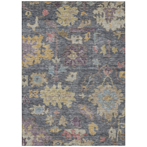 9' X 12' Blue Charcoal And Gold Floral Washable Indoor Outdoor Area Rug