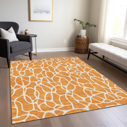9' X 12' Orange And Ivory Geometric Washable Indoor Outdoor Area Rug