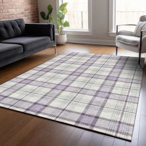 8' X 10' Lavender Purple And Gray Plaid Washable Indoor Outdoor Area Rug