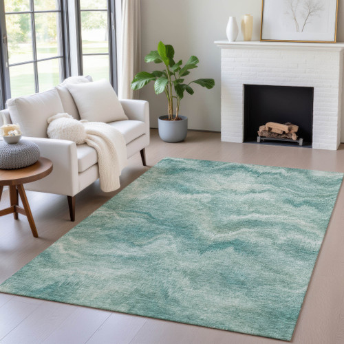 9' X 12' Teal Blue And Ivory Abstract Washable Indoor Outdoor Area Rug