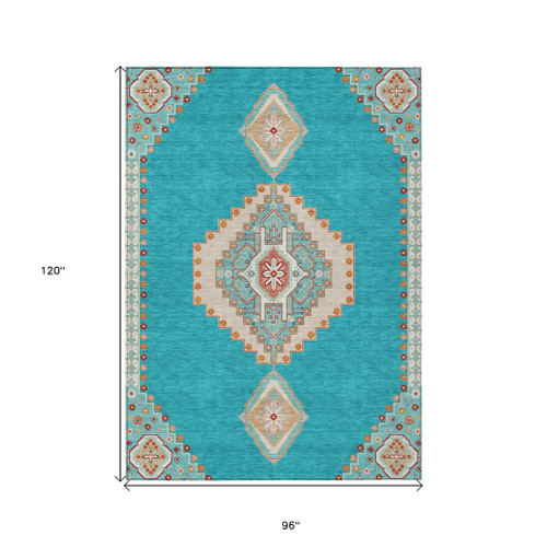 8' X 10' Teal Blue Brown And Ivory Oriental Washable Indoor Outdoor Area Rug