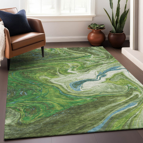 8' X 10' Green Blue And Ivory Abstract Washable Indoor Outdoor Area Rug