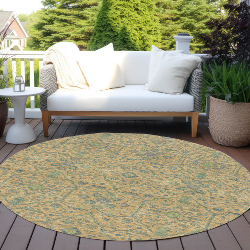 8' Orange Blue And Green Round Floral Washable Indoor Outdoor Area Rug
