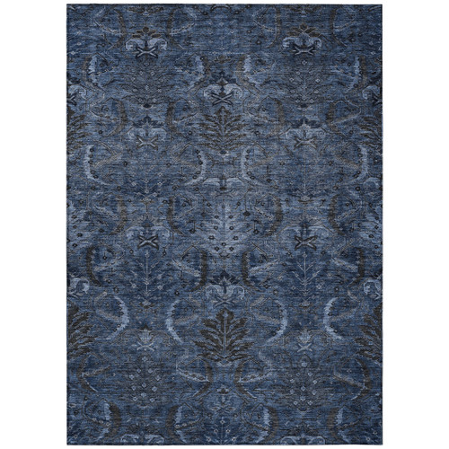10' X 14' Navy Blue And Charcoal Damask Washable Indoor Outdoor Area Rug