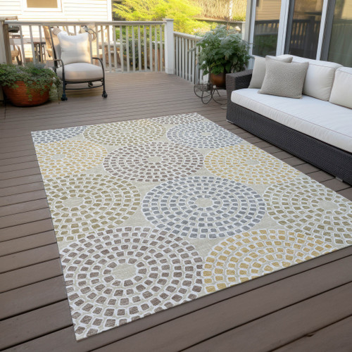 9' X 12' Beige Brown And Gray Geometric Washable Indoor Outdoor Area Rug
