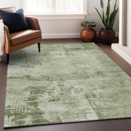 8' X 10' Olive Green And Ivory Abstract Washable Indoor Outdoor Area Rug