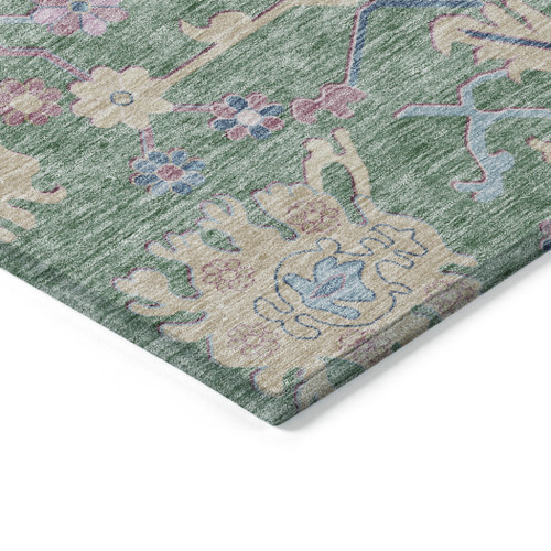 8' Sage Ivory And Pink Round Floral Washable Indoor Outdoor Area Rug
