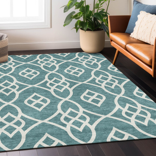 9' X 12' Teal Blue And Ivory Trellis Washable Indoor Outdoor Area Rug
