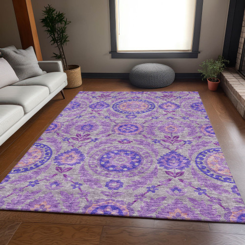 9' X 12' Lavender Lilac And Gray Floral Washable Indoor Outdoor Area Rug