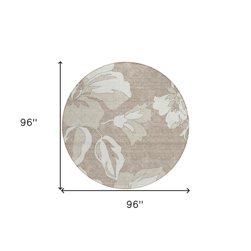 8' Taupe Beige And Ivory Round Floral Washable Indoor Outdoor Area Rug