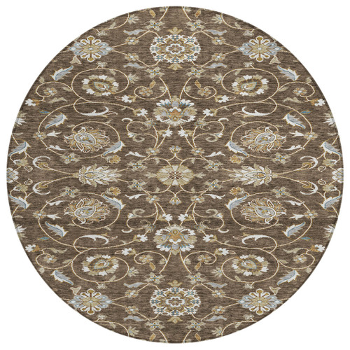 8' Chocolate Ivory And Gray Round Moroccan Washable Indoor Outdoor Area Rug