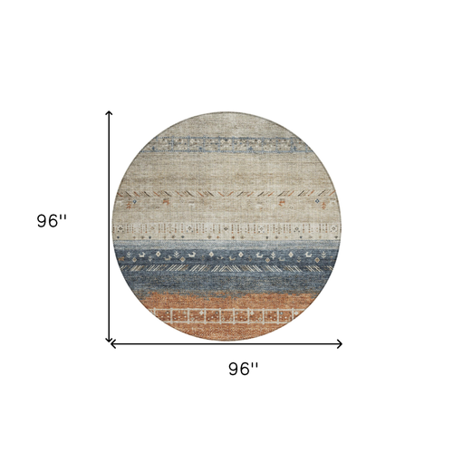 8' Brown Blue And Beige Round Southwestern Washable Indoor Outdoor Area Rug