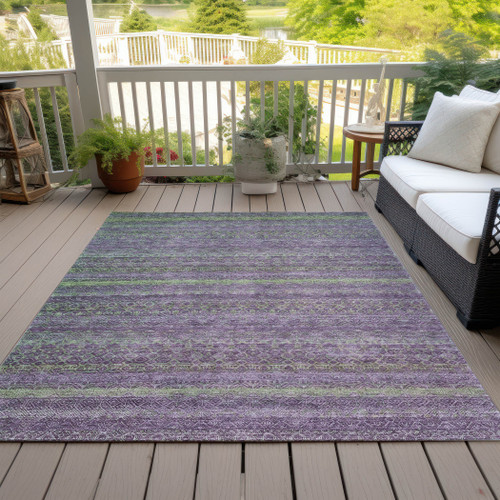 9' X 12' Purple And Lime Green Striped Washable Indoor Outdoor Area Rug
