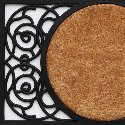 22" X 36" Black And Natural Geo Scrollwork Outdoor Rubber And Coir Door Mat
