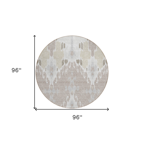 8' Ivory Beige And Taupe Round Ikat Washable Indoor Outdoor Area Rug