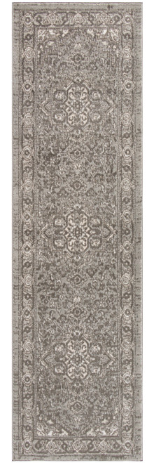 8' Runner Gray and Ivory Medallion Power Loom Distressed Runner Rug