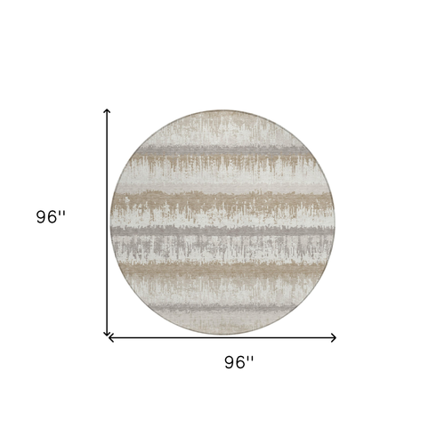 8' Ivory Gray And Beige Round Striped Washable Indoor Outdoor Area Rug