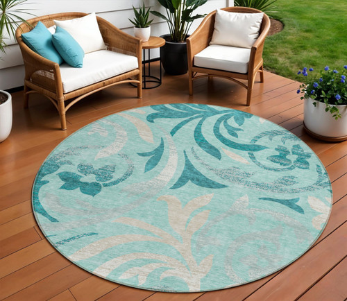 8' Teal Blue Aqua And Beige Round Floral Washable Indoor Outdoor Area Rug