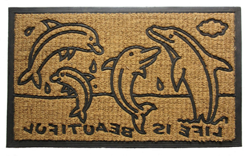 18" X 30" Brown and Black Rubber And Coir Dolphin Life is Beautiful Outdoor Door Mat