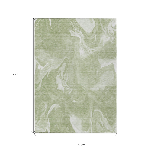 9' X 12' Artichoke Green Fern Green And Ivory Abstract Washable Indoor Outdoor Area Rug